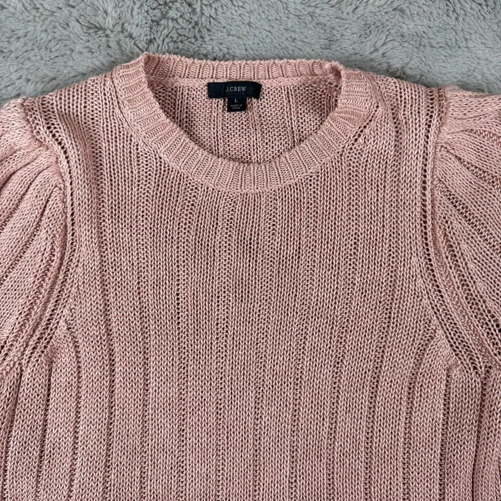 J.Crew Linen Knit Top Puff Sleeve Ribbed Crewneck Sweater Salmon‎ Pink L